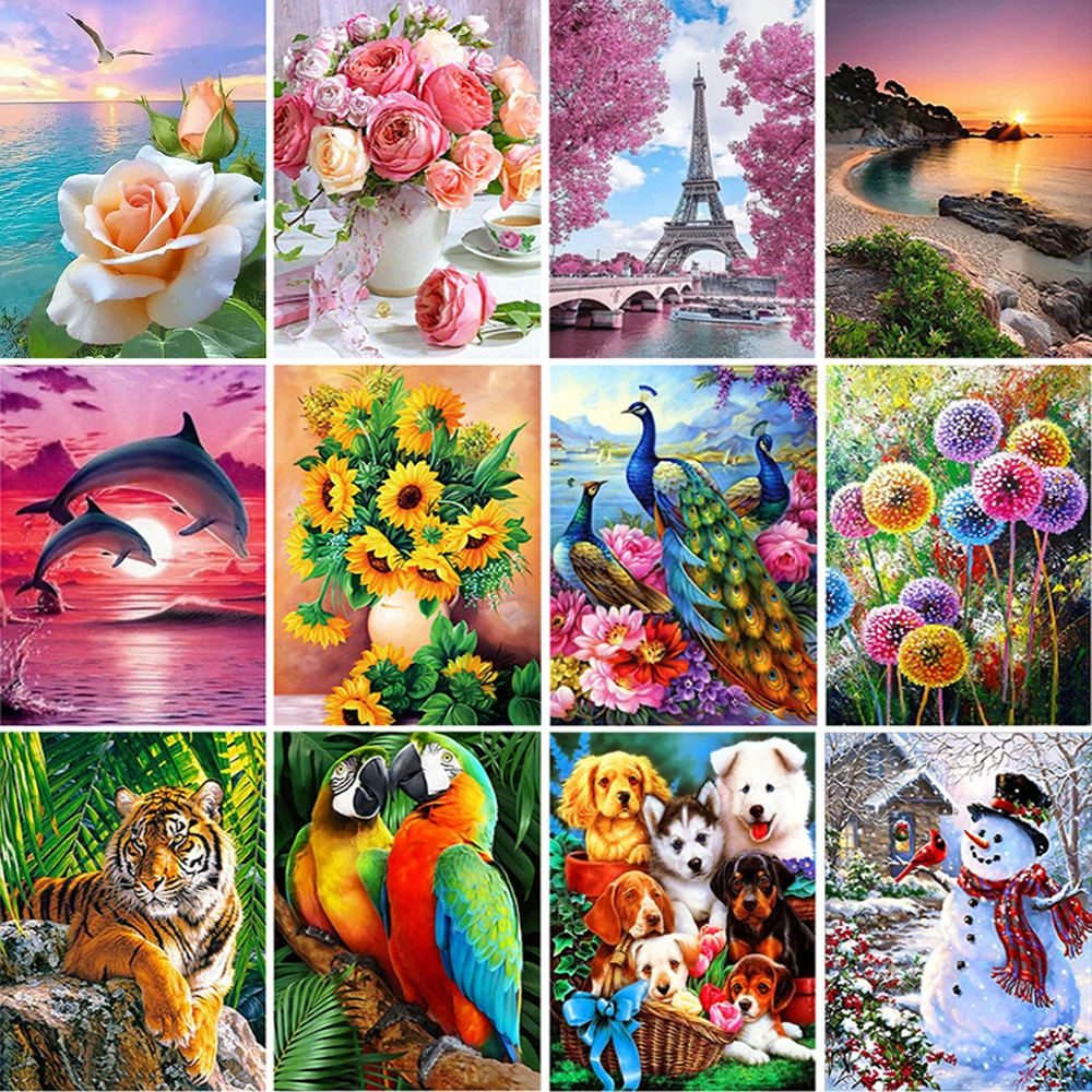 Floral 5D DIY Diamond Painting Kits Animal Landscape Cross Diamond Embroidery Painting Full Round Diamond Mosaic Home Decor Gift