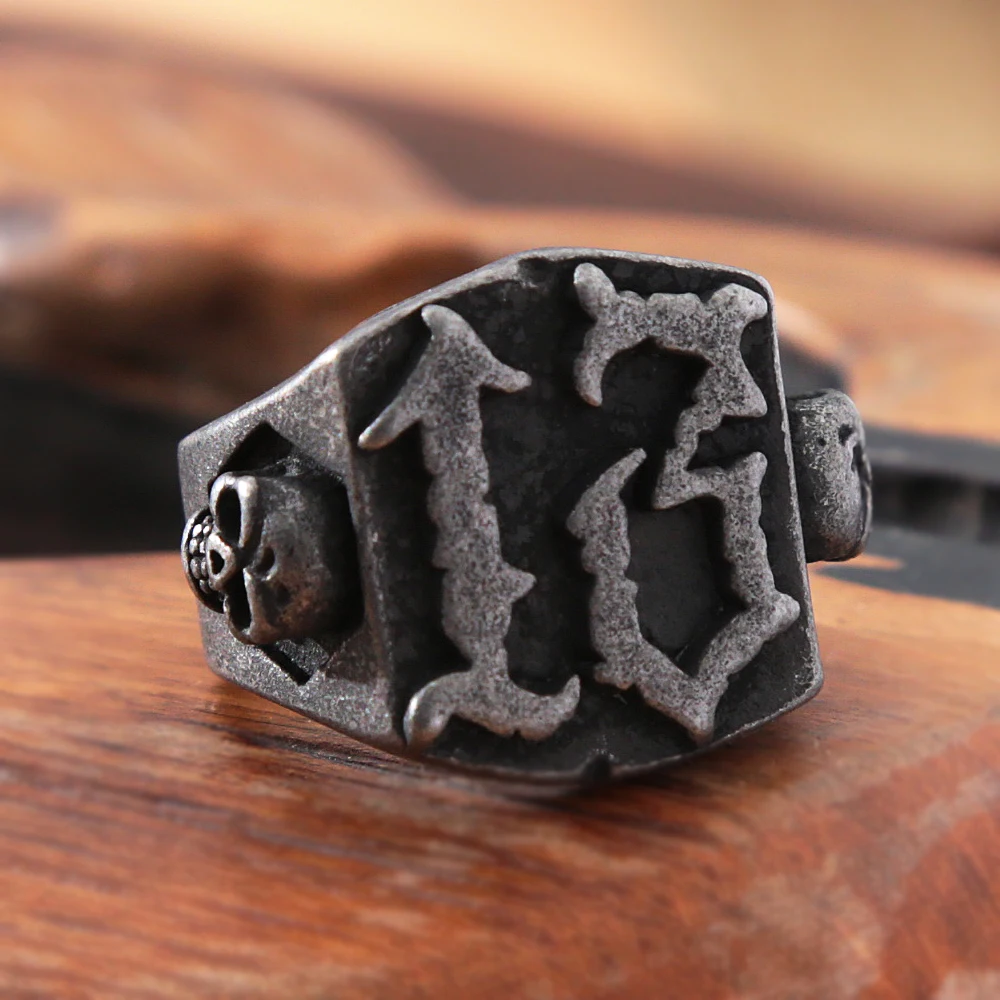 Punk Hip Hop Mens Lucky Number Ring Fashion Retro Black Stainless Steel Biker Gothic Skull Ring Men Fashion Jewelry Gift