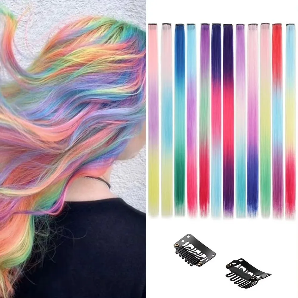 Fashion Synthetic Clip in Hair Extensions Long Straight Rainbow Colorful Hair Highlights 22 Inches Wig Hairpieces Girls