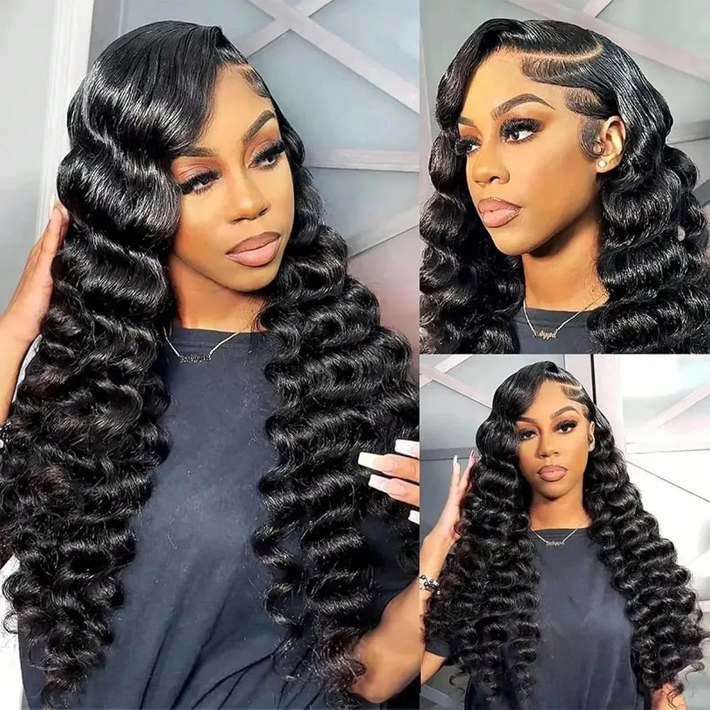 Парик 13x4 HD Loose Deep Wave с кружевной передней частью, натуральные черные волосы, предварительно выщипанные, с детским волосом, бразильские человеческие волосы, с осветленными узлами, с детским волосом, натуральный черный, безклеевые фронтальные парики, кудрявые фронтальные парики из человеческих волос с детским волосом