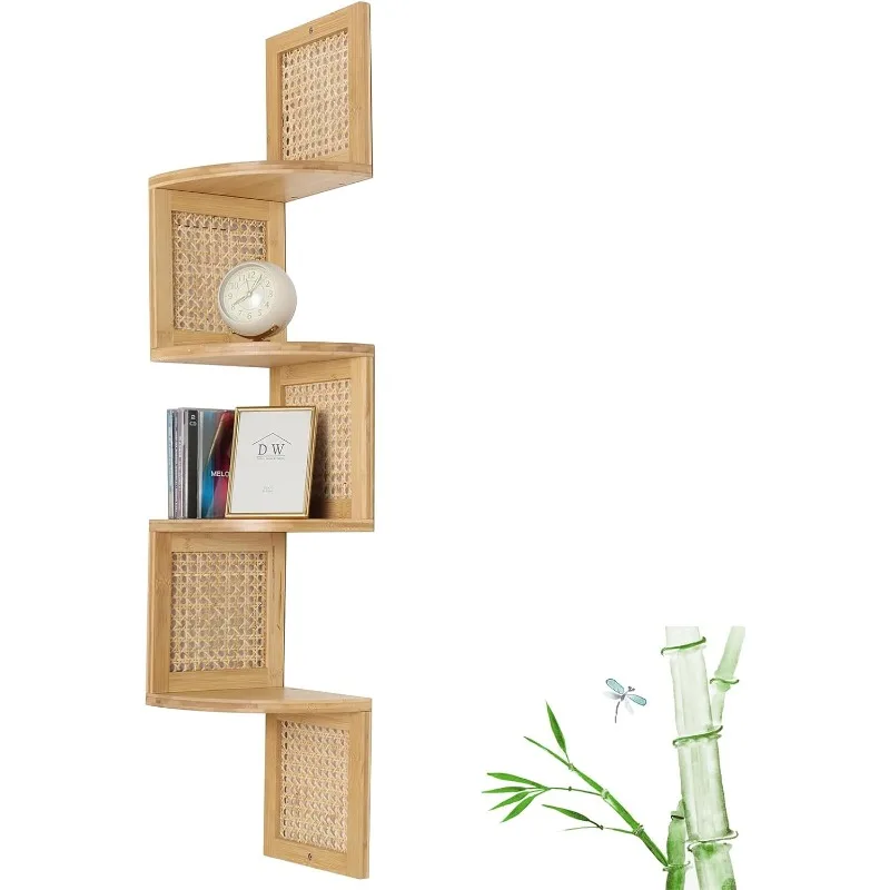 

Bamboo 4-Tier Corner Shelf Natural Rattan Floating Corner Shelves Wall Mount Shelves for Living Rooms, Office