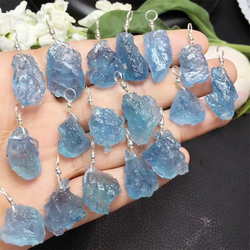 5PCS S925 Natural Raw Aquamarine Pendant Healing DIY Necklace Fashion Classic Women Jewelry Accessories Exquisite Gift