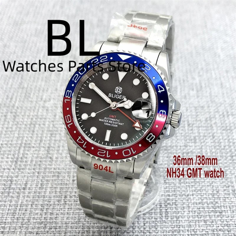 BLIGER 36mm 38mm NH34 GMT Watches For Men Blue Red Black Blue Green Bezel Sapphire Glass Waterproof Luminous Dial Glide Bracelet