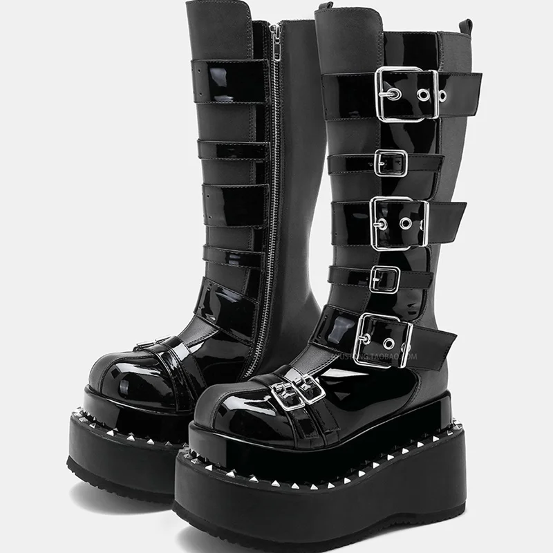 

Ботинки на платформе с пряжкой и кристаллами Meatl, пикантные ботинки из блестящей лакированной кожи с круглым носком, новые поступления, модные женские современные ботинки