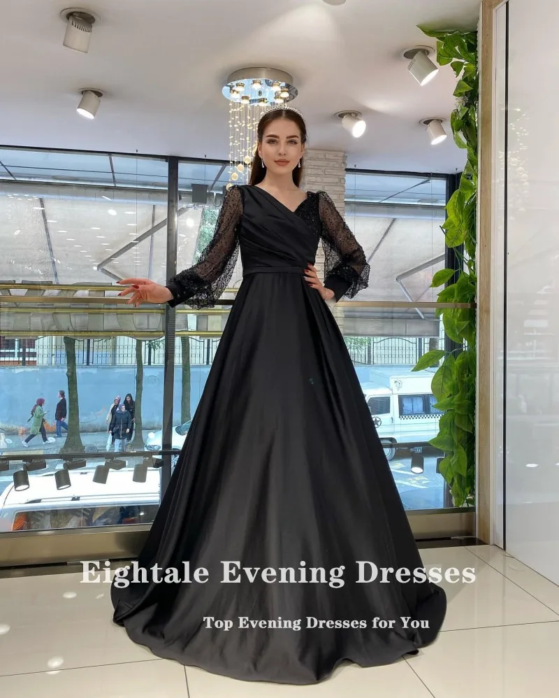 Eightale Black Evening Dresses V-Neck Shiny Glitter Long Sleeves Floor Length  Satin A-Line Party Prom Gown Vestidos De Noche