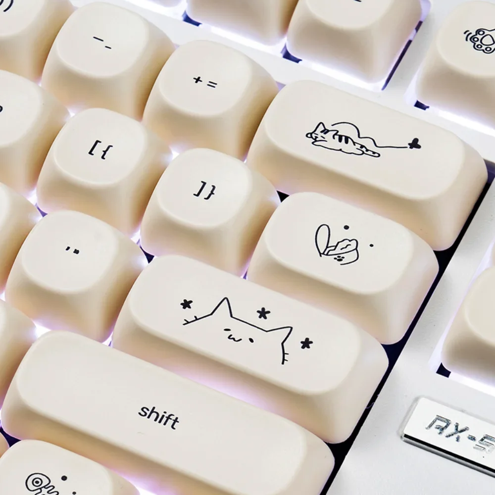 Happy Kitty Cat Keycap Set PBT Thermal Sublimation 124 Keys MOA Height Milk White Girls Mechanical Keyboard Keycaps