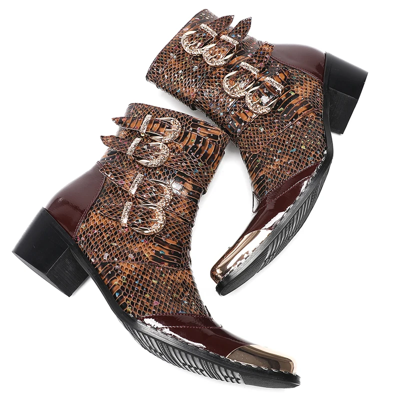 Neue Punk Stil Niet Gürtel Schnalle Dekor Männer Mid-Kalb Stiefel Metall Spitz Spleißen Leder Schuhe Männlich Lace-up Motorrad Stiefel – Detail 3