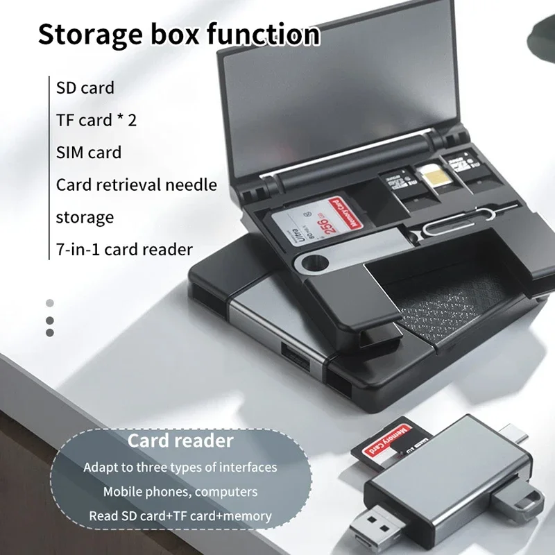 7-in-1 Multifunctional Card Reader Storage Box SD Card Micro SD Card Case OTG Adapter USB2.0 Type-C Adapter Card Storage Box
