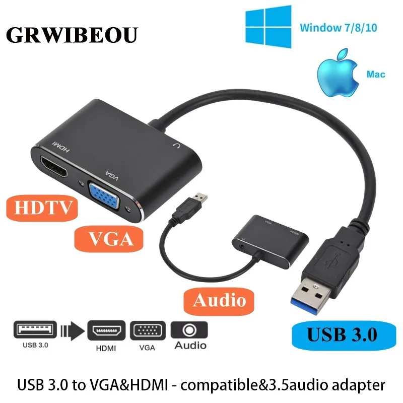 Grwibeou USB 3,0 zu HDMI-kompatiblen VGA-Adapter 1080p Multi-Display 3 in1 USB zu HDMI-kompatiblen Konverter für Windows 7/OS