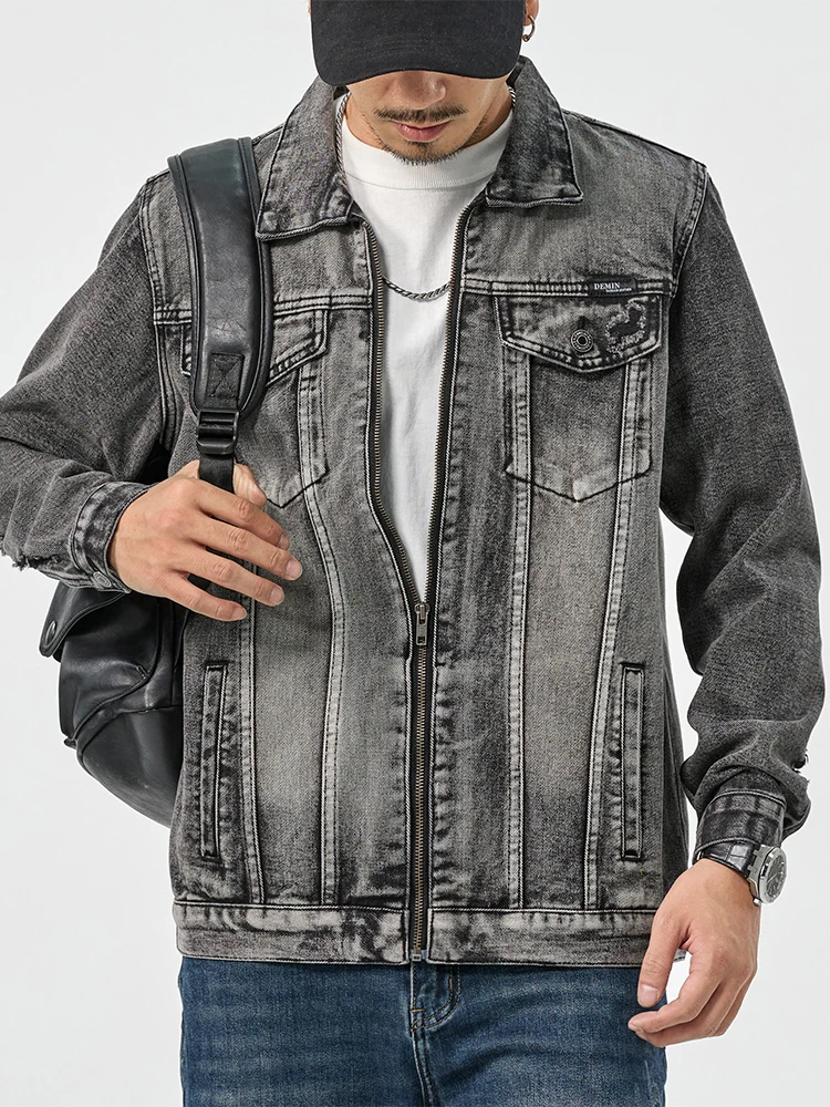 New high-end casual denim jacket men's high street Tide brand smoke gray loose jacket big size workwear tops