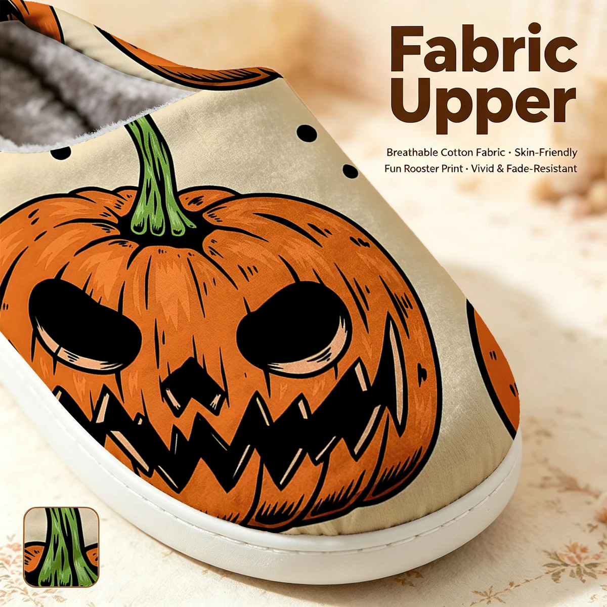 Halloween Pumpkin Print Christmas White Slippers Warm Plush Indoor Shoes Non-Slip Winter Slippers Family Holiday Gifts Soft view 2