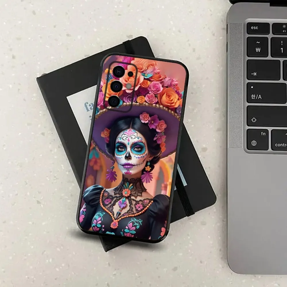 Mexican Catrina Skull Girl Phone Case For Samsung Galaxy A13,A21s,A22,A31,A32,A52,A53,A71,A80,A91 Black Soft Cover