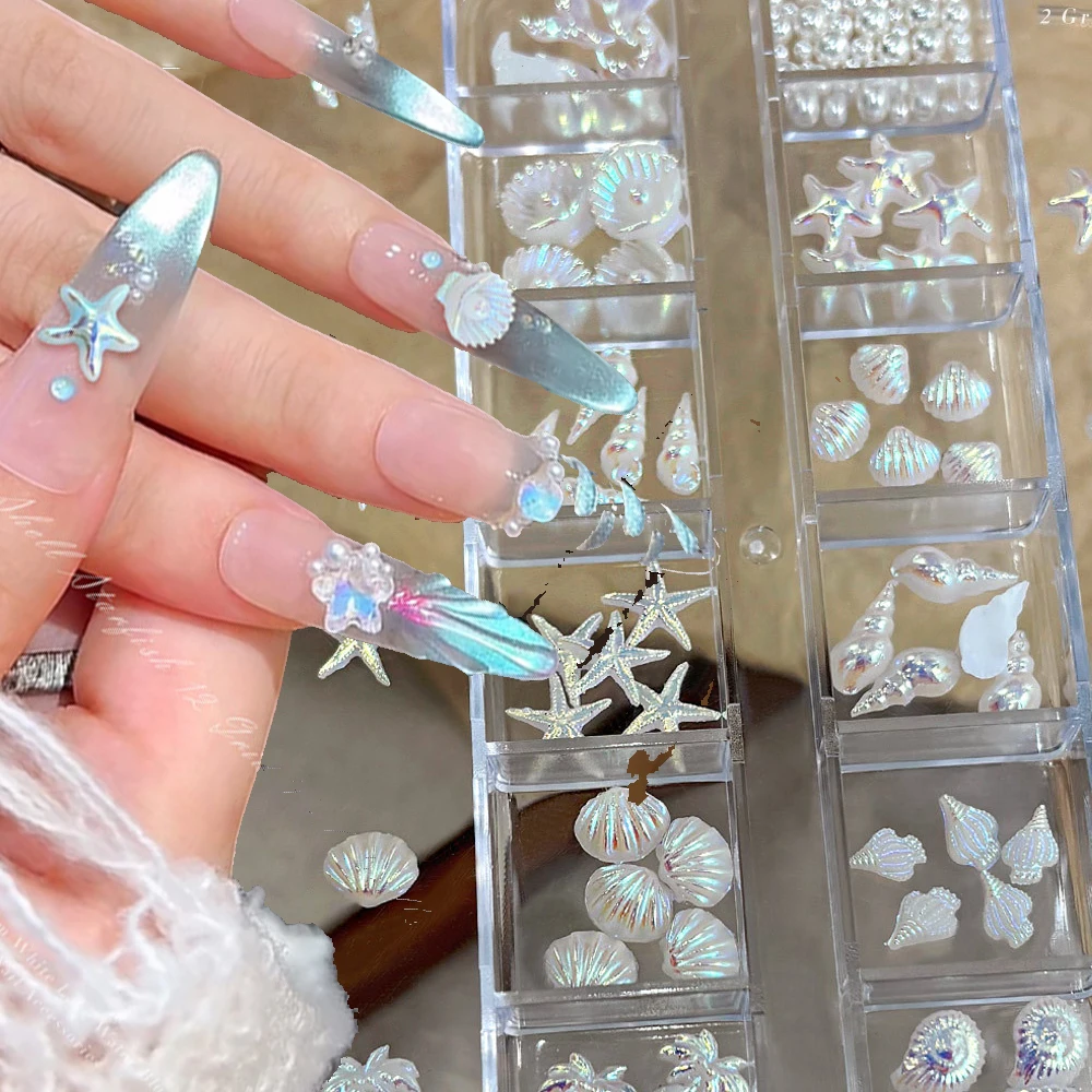12Grids Mixed Mermaid Aurora Shells Starfish Nail Charms 3D Conch Shell Coconut Tree Shell Nail Art DIY Ocean Shell Nail Parts