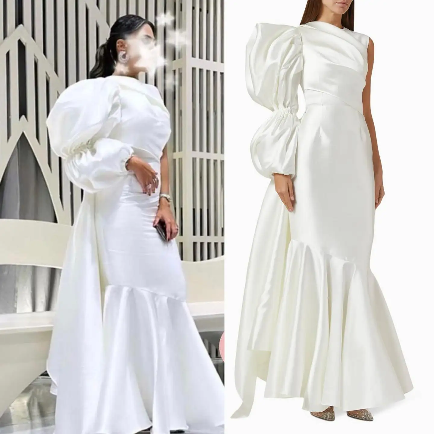 

Customized Modern Panel Train One Shoulder Long Sleeves Evening Dresses Graceful Pleats Mermaid White Party Gowns فساتين سهرة