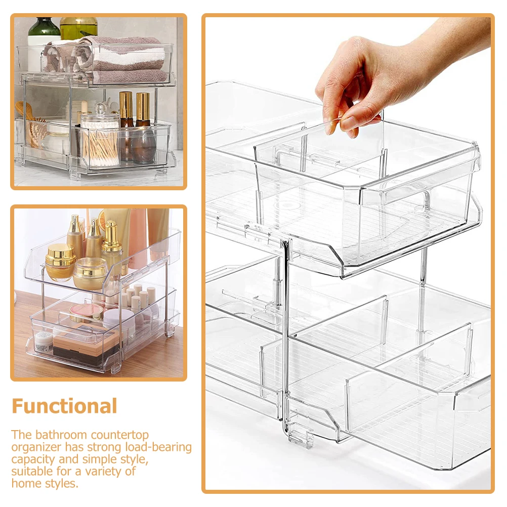 

Double Layer Sliding Storage Rack Bathroom Countertop Organizer Toiletries Tray Pet Tidy Shelf Tiered Design Material