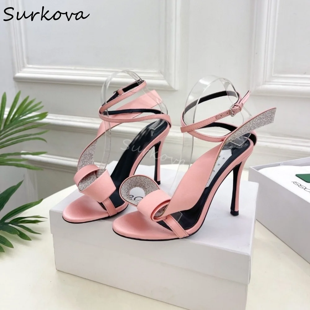 Butterfly Knot Rhinestone Catwalk Shoes Women Stiletto Heels Open Toe Cross Straps Satin Sandals 2025 Summer New Shiny Sandals