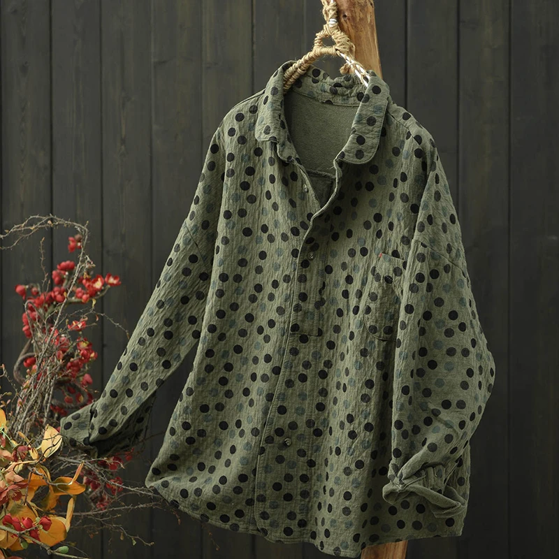 

Женская повседневная рубашка из 100% хлопка, Новое поступление, осень 2025 года, винтажный стиль, свободные женские топы в горошек с длинными рукавами, рубашки M2154