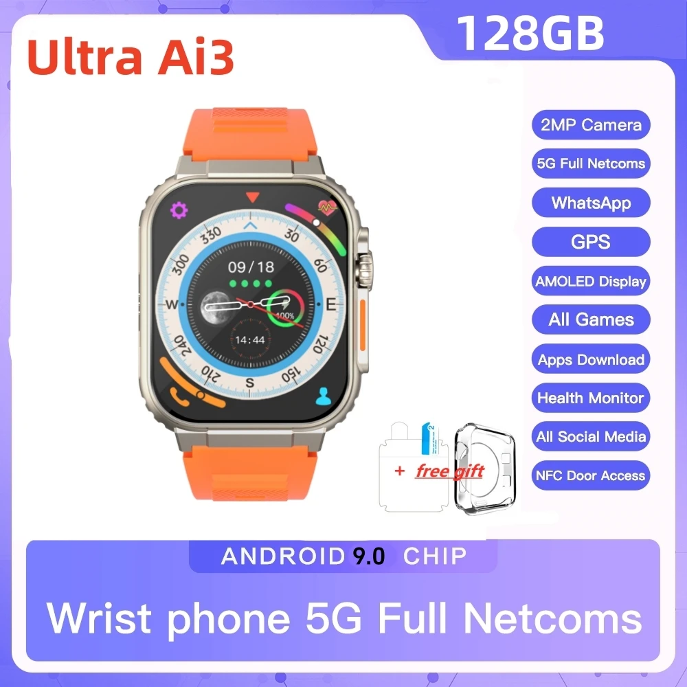 Microwear Ultra ai3 Smartwatch 4G Android Amoled HD Camera GPS WIFI Google Play Store APP Download Game Bluetooth Smart Watch