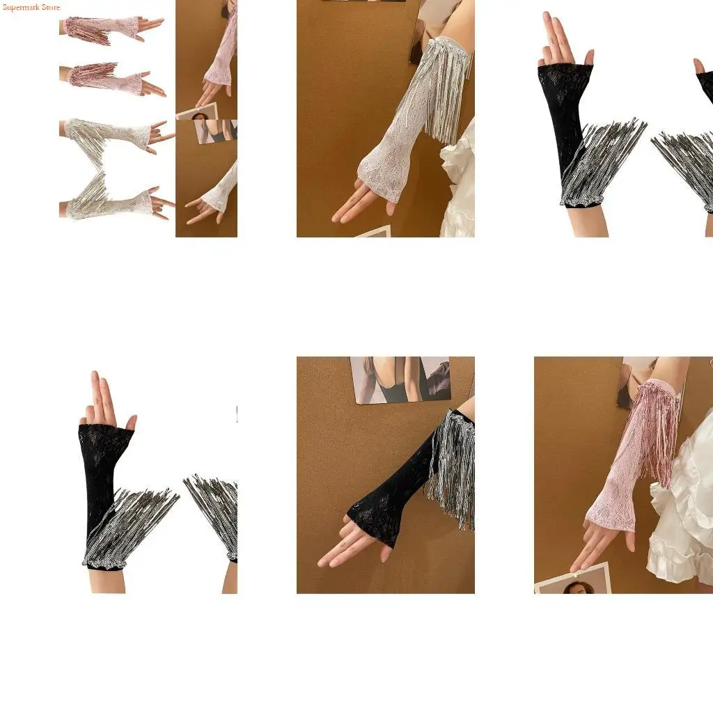 Q5WE Sequins Fringes Long Glove Evening Party Mitten Women Srage Performances Glove