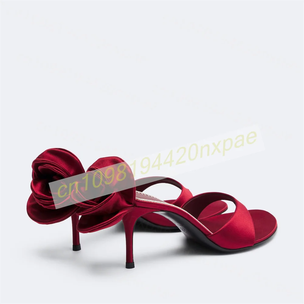 Women Red Satin Thong Mule Sandals Flower Decor Stiletto Heels Slip On Open Toe Slide Slippers Elegant Wedding Dress Shoes 46 view 3