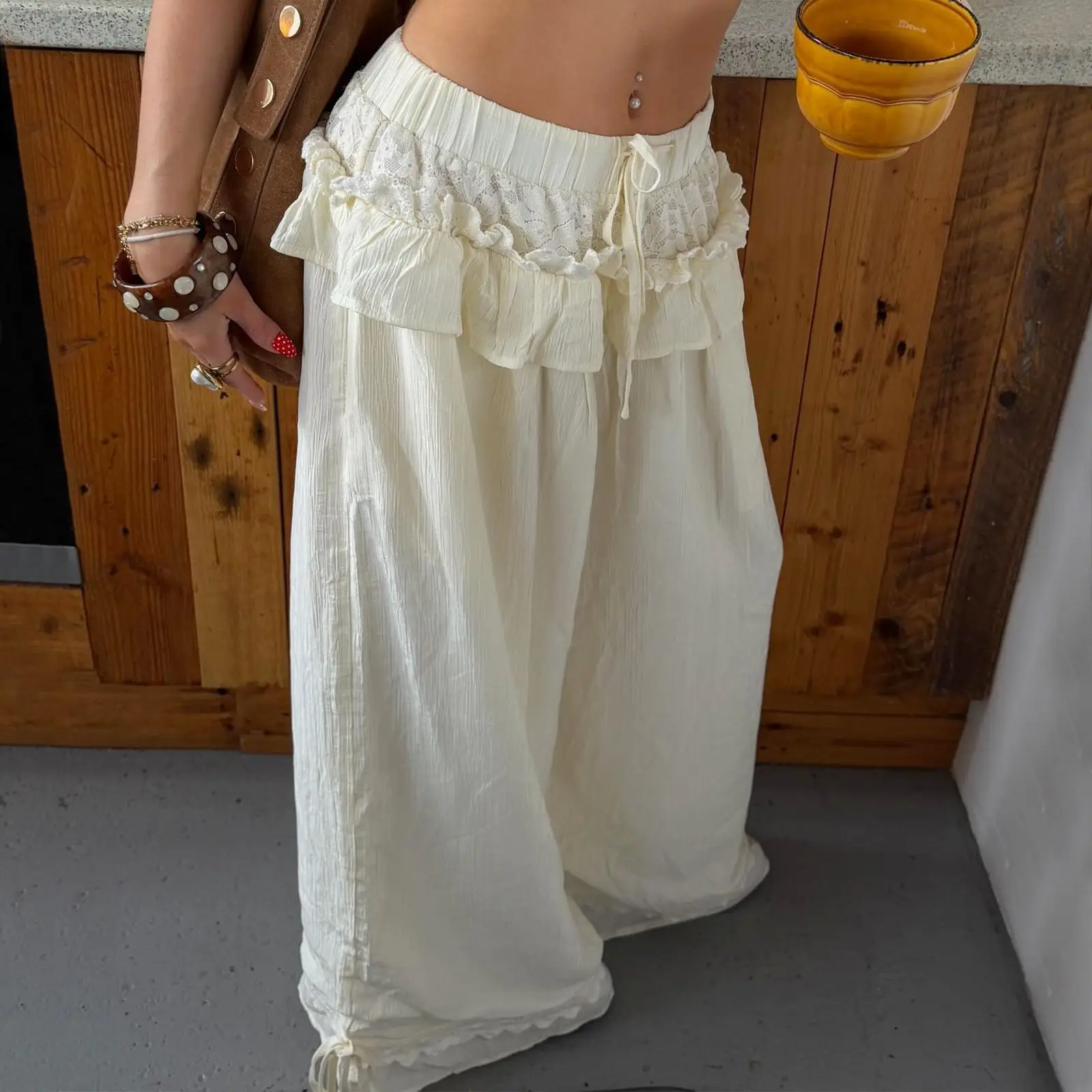 GG 2026 Spring Summer Sweetheart Cute Ruffle Wide Leg Pants Apricot Drawstring Elastic Waist Casual Comfortable Trousers Daily W