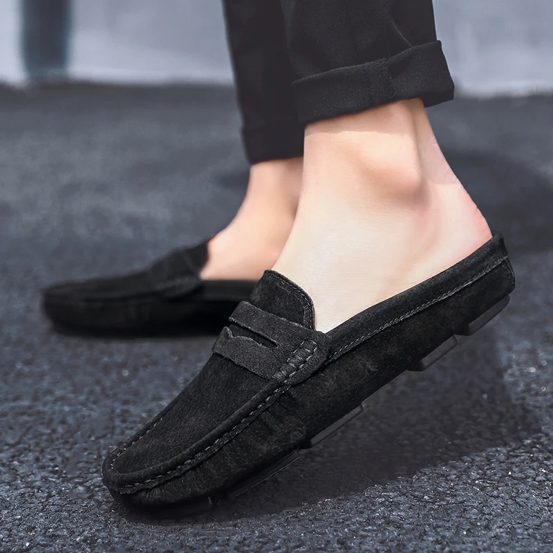 Summer Mules Man Half Shoes For Men Slippers Leather Mens Semi-Drag Casual Shoes Loafers Flip Flops Male Slides Flat Sandals