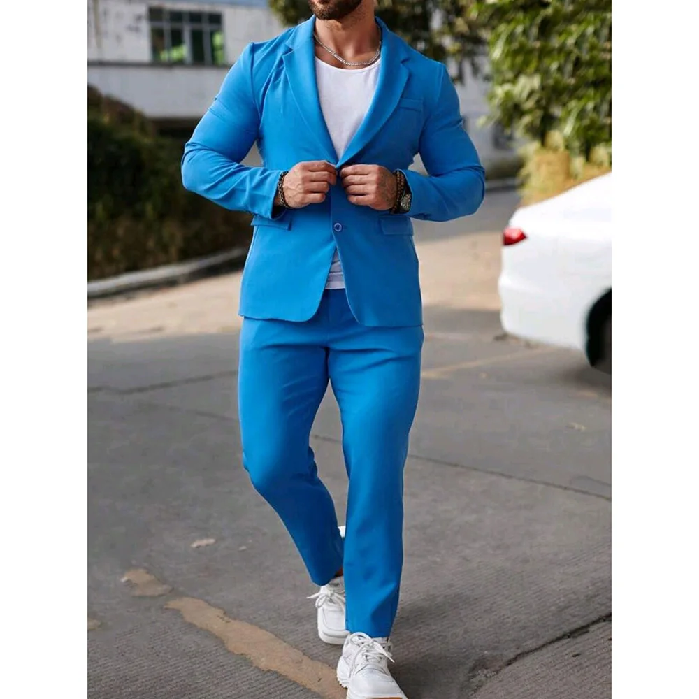 

Casual Blue Men's Suits Slim Fit 2 Piece Jacket Pants Set Notch Lapel Single Breasted Back Vent Wedding Outfits Full Set Blazer