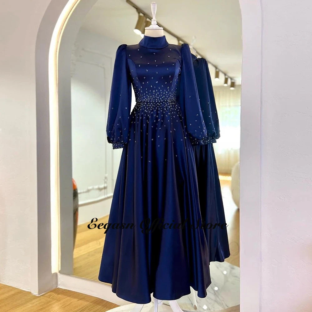 A Line Evening Dresses Beadings Ankle Length Party Formal Gowns Long Lantern Sleeves Customized Satin Special Occasion Prom Gown