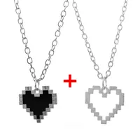 Pixel Heart Couple Necklace Y2K Black White Hollow Heart Shape Chain Pendant Necklace for Women Men Couple Love Necklace Jewelry