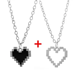 Pixel Heart Couple Necklace Y2K Black White Hollow Heart Shape Chain Pendant Necklace for Women Men Couple Love Necklace Jewelry