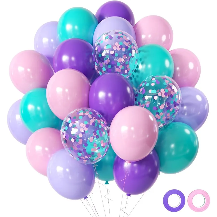 Pink and Purple Party Balloons 50 Pcs 12 Inches Purple and Pink Teal Blue Latex Balloons for Birthday Celebration Under The Sea