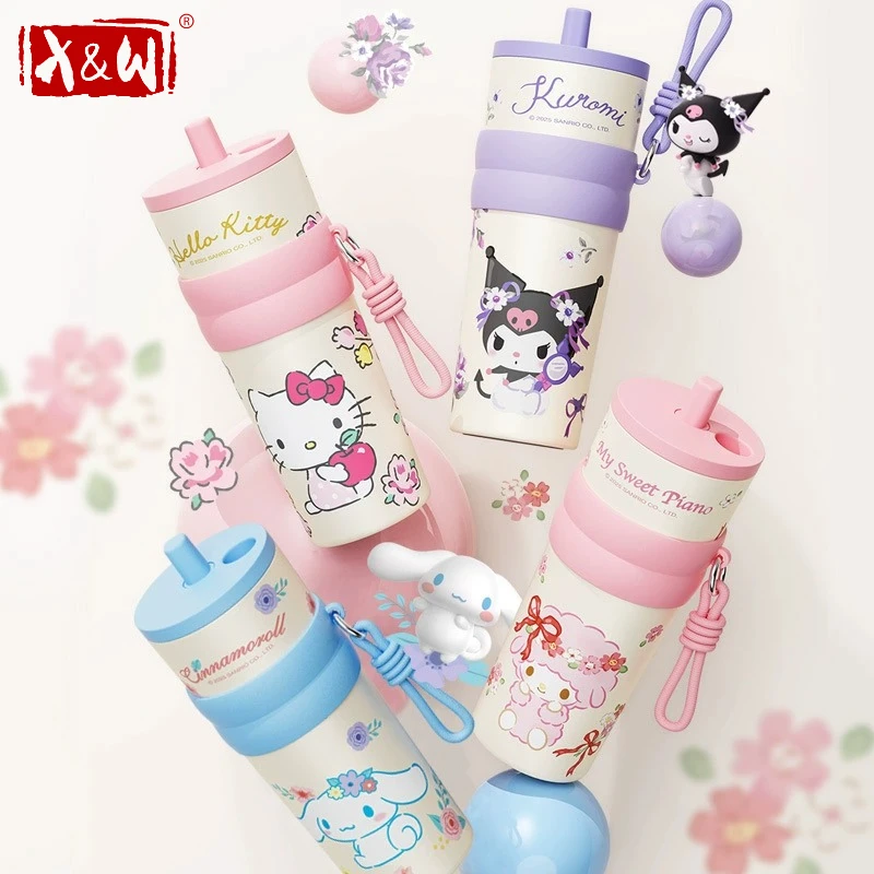 X&W Sanrio Cartoon Thermos-Trinkbecher mit Strohhalm, 316 Edelstahl Vakuumflasche, tragbarer, süßer Kuromi Isolierbecher für Kaffee im Auto