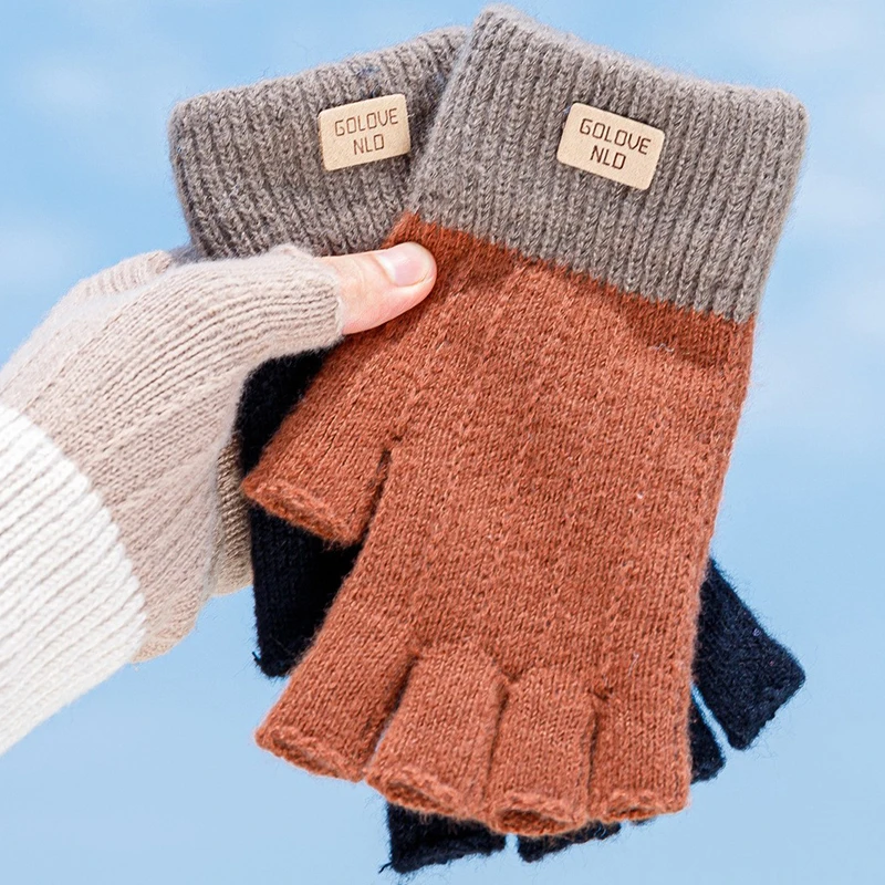 Men Winter Warm Fingerless Half Finger Knitted Gloves Office Knitted Warm Exposed Finger Thick Gloves Elastic Driving Gloves