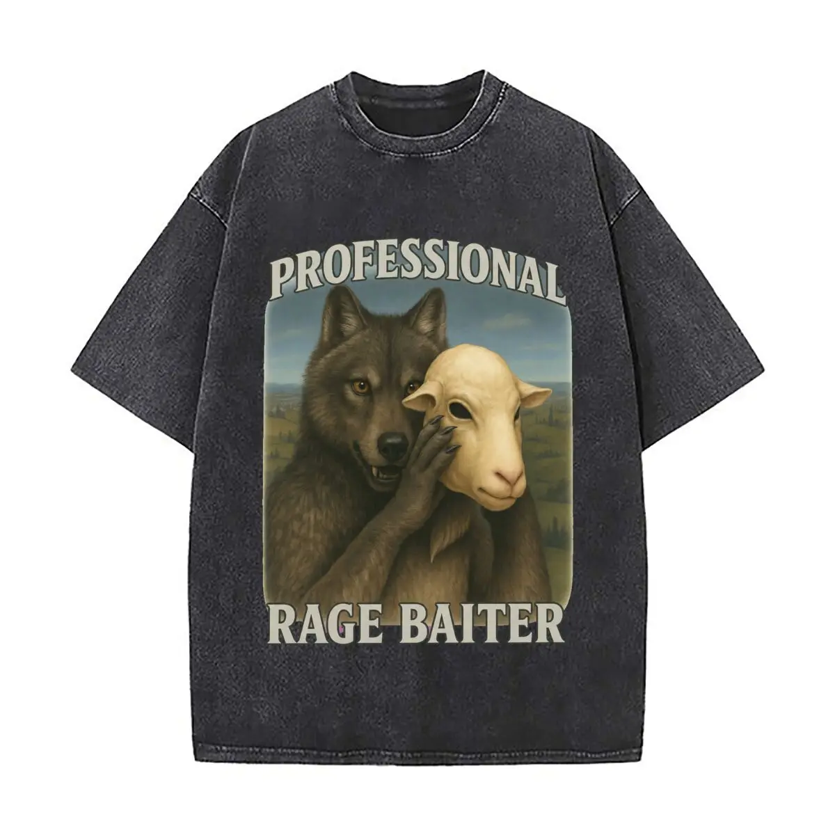 Professional Rage Baiter Wolf Sheep Mask Meme Vintage Distressed Loose Streetwear Tops for Campus Days