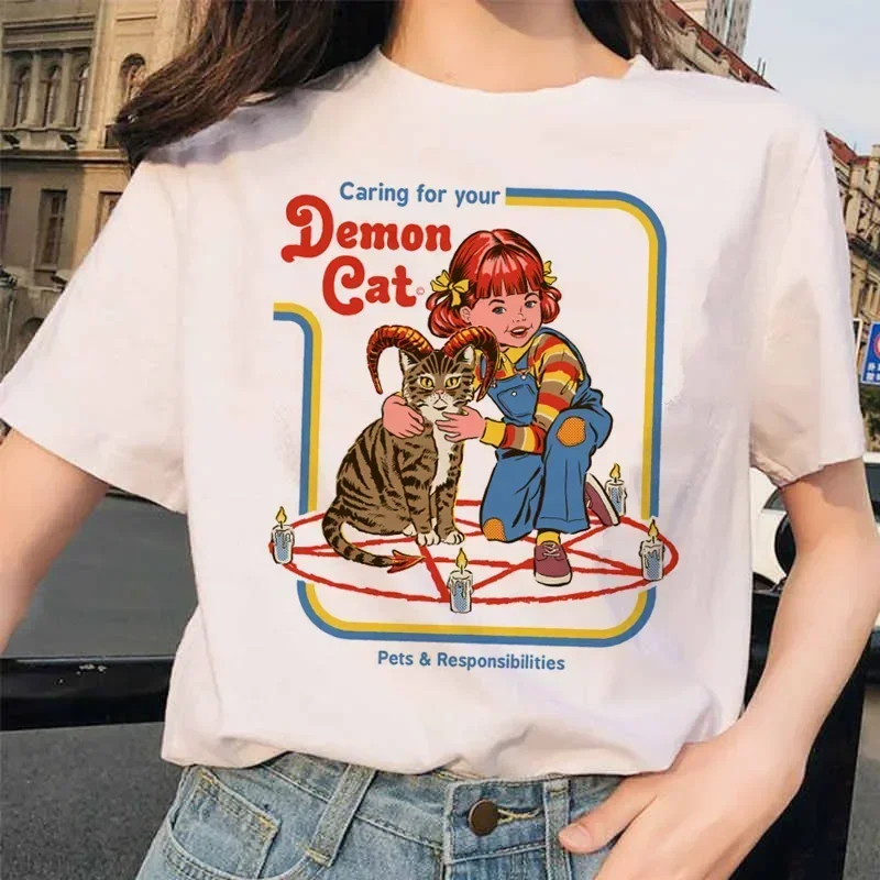 Lets Summon Demons Aesthetics T Shirt Women Summer Casual Harajuku Cartoon Print Satan Short Sleeve Tops Camiseta Mujer