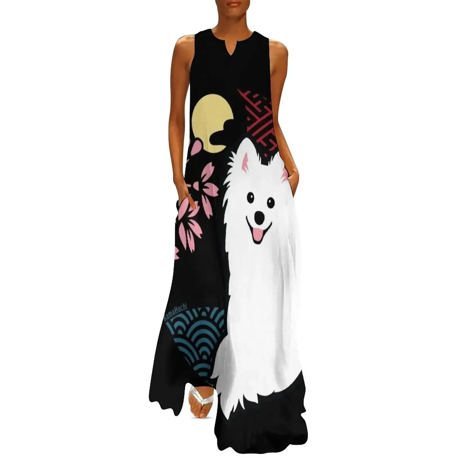 

Happy Spitz Dog & Sakura - Japanese Kirie Paper Cutting Art Style (Black) Long Dress luxury dresses Dress