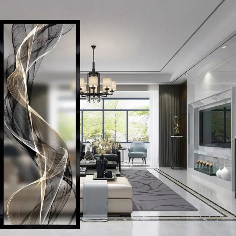 Modern stainless steel art screen glass tempered partition simple iron living room decorative painting