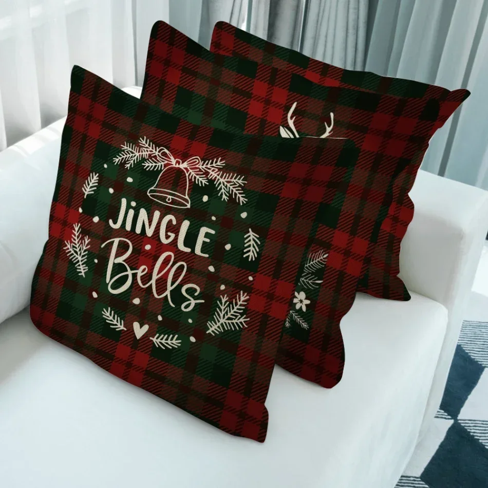 Nanacoba Christmas Cushion Cover Red and Green Plaid Classic Pillowcase Square Printed Deer Wreath Throw Pillows Case Home Decor