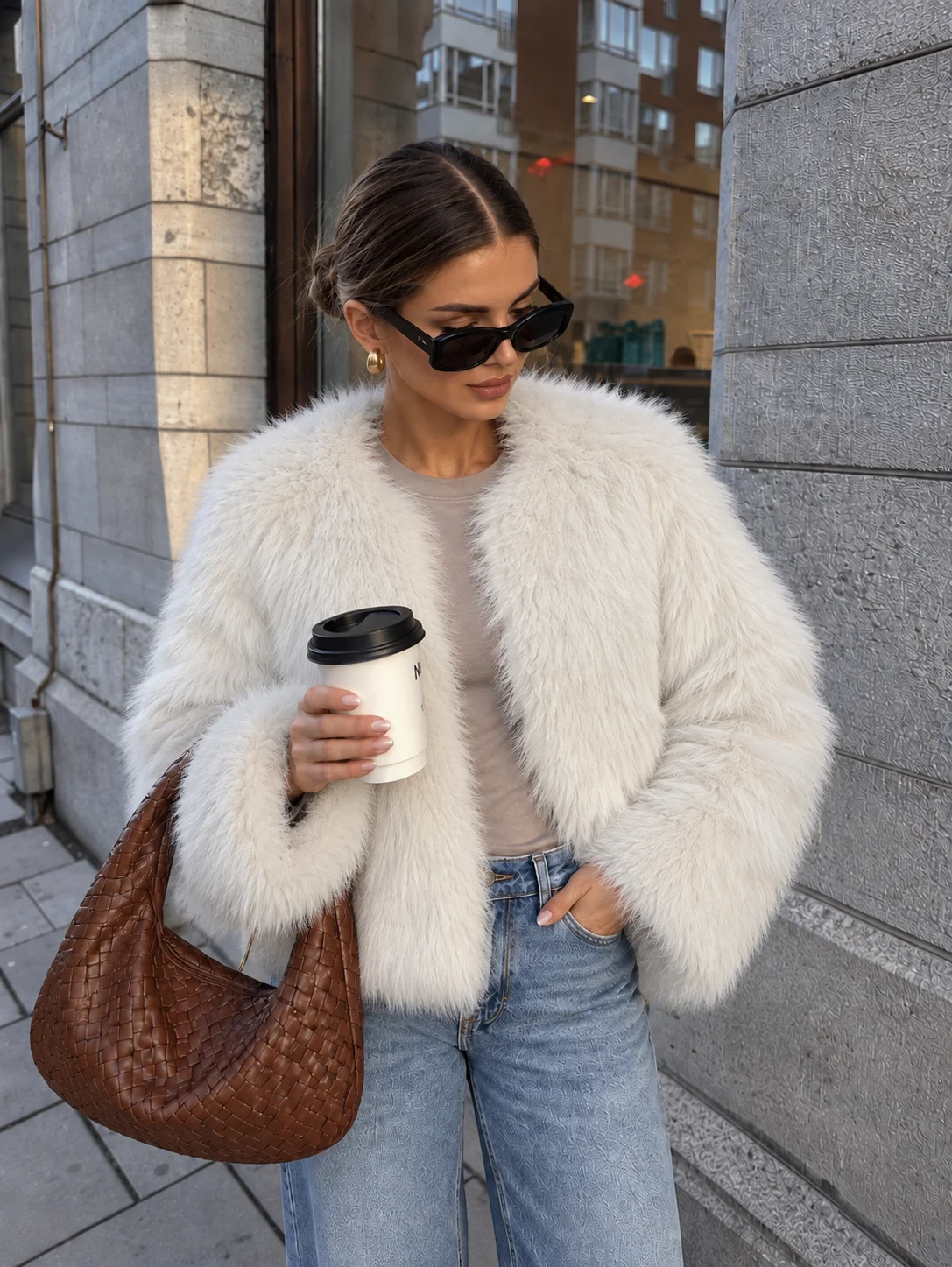 Casual Chic White Faux Fur Jacket Women Long Sleeve Shaggy Fuzzy Coat Open Front Fluffy Plush Winter Outerwear Warm Short Coat