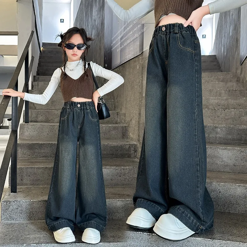 Autumn OLEKID Children Girls Jeans Retro Solid Young Teenagers Girls Straight Pants Loose Bow 4-14Yrs Kids Girls Denim Pants