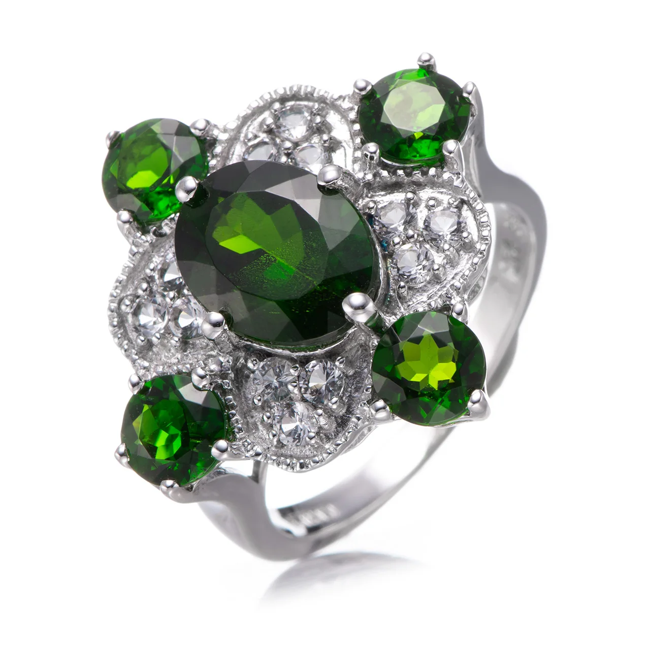 

8x10mm Chrome diopside and White Topaz Rhodium Over Sterling Silver Ring