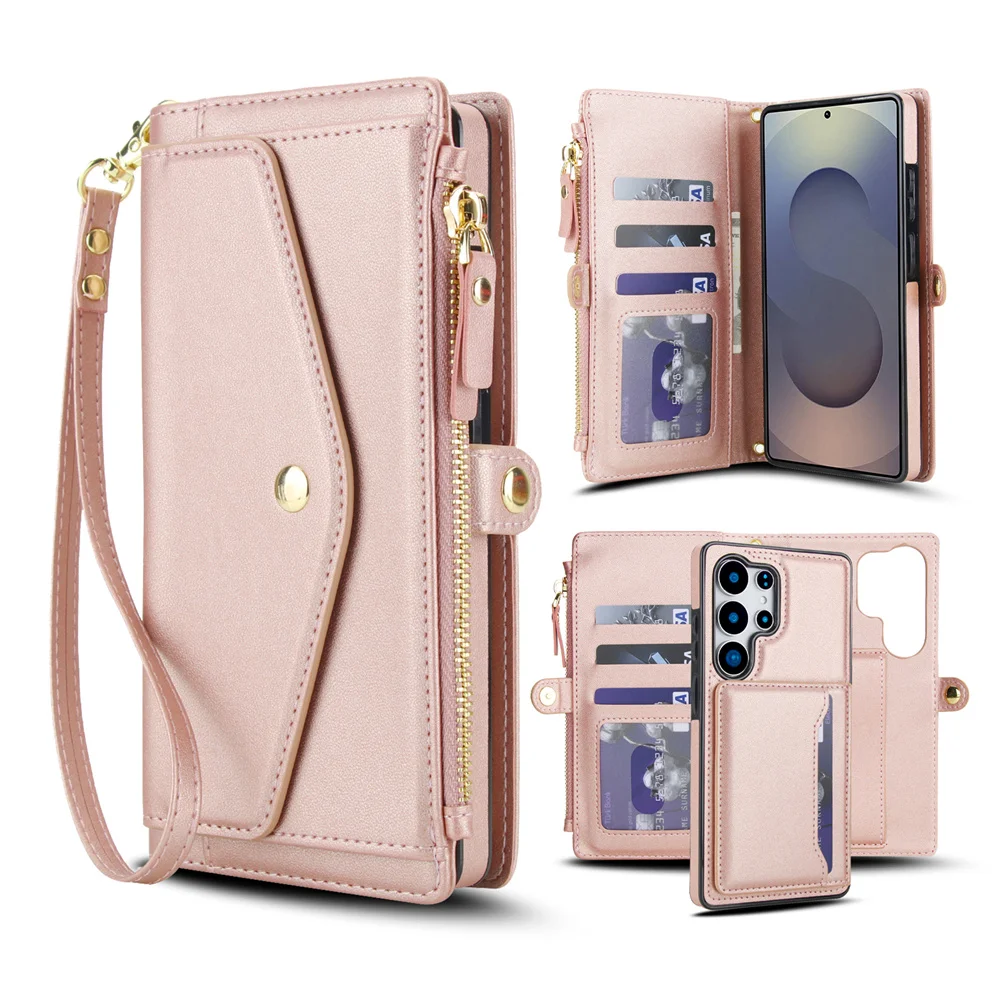 2 in 1 Magnetic Cards Slot Zipper Wallet Leather Case for Samsung S26 S25 Ultra S25Edge S23 S24 FE S22 S21 Plus Crossbody Cover