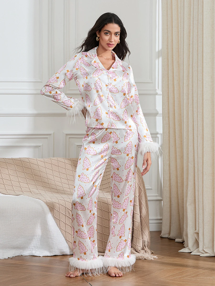 Women Christmas Feather Trim Pajamas Cute Santa Print Long Sleeve Top And Pants Set 2 Piece Casual Satin Silk Button Up Pajamas