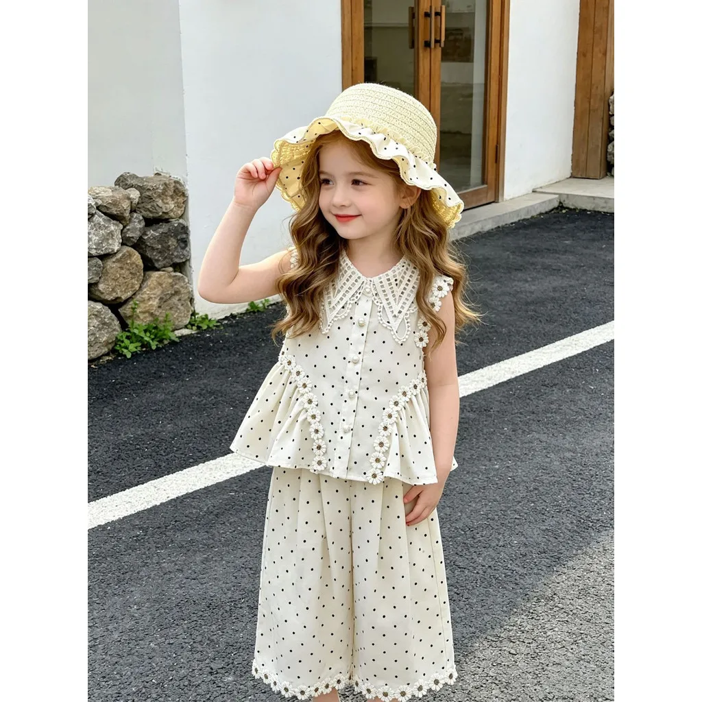 2026 Summer New Beige Polka Dot Casual Toddler Girl Clothes Lapel Lace Single Breasted Vest and Wide Leg Pants Two-piece Set