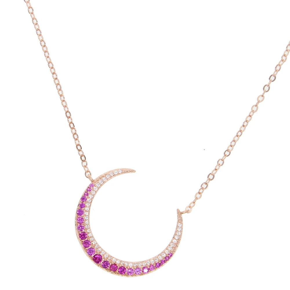 Women Jewelry Love Moon Pendant Necklace CZ Purple and White Stone Rose Gold Plated Color 41+5cm for Party Anniversary Birthday