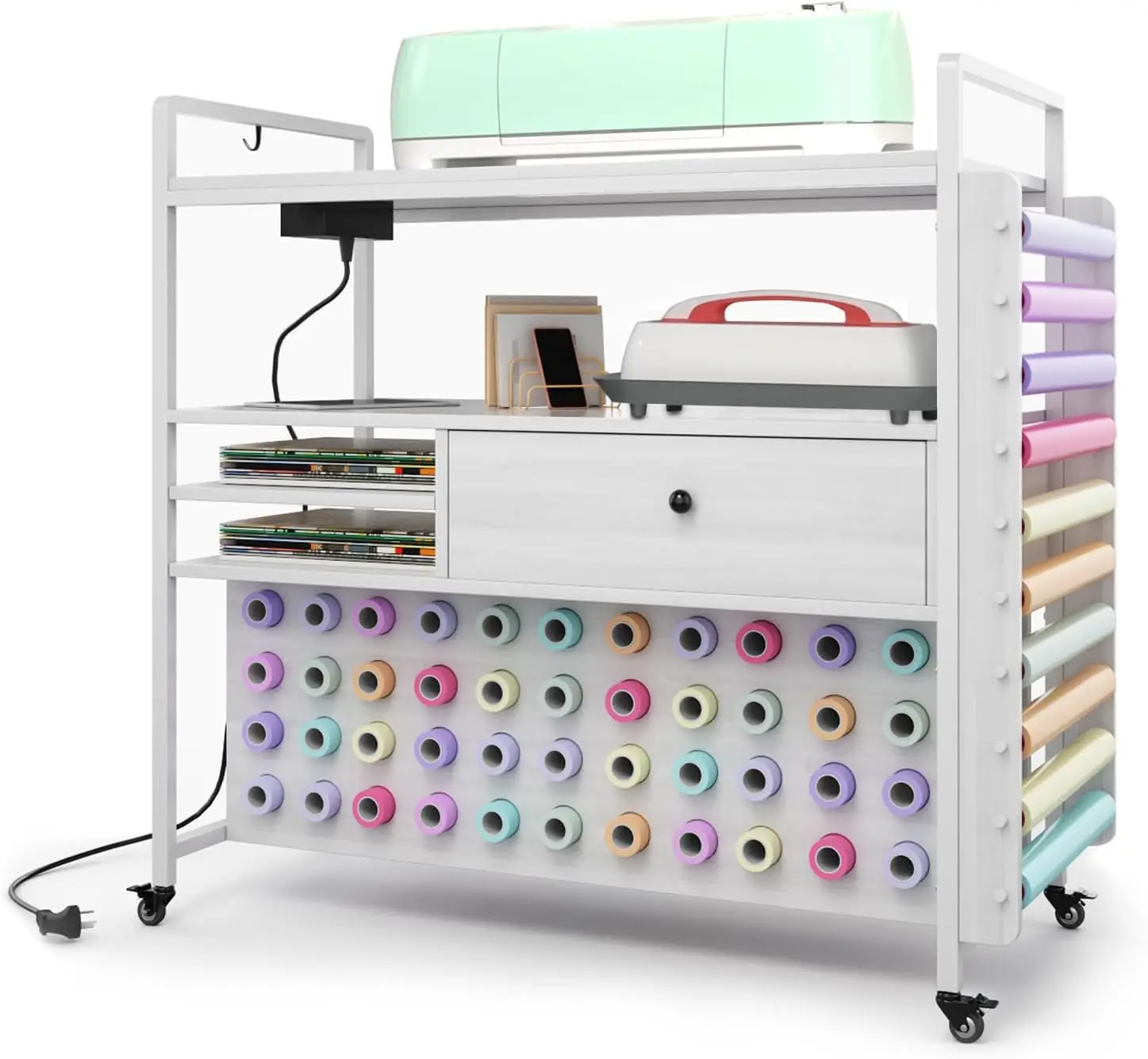 

Органайзер для рукоделия и хранения, совместимый с машинами Cricut, передвижной органайзер с розеткой, большим ящиком и местом для 54 рулонов винила