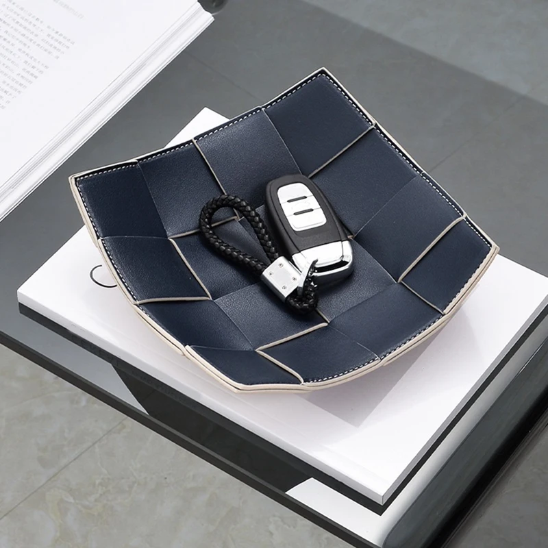 Advanced Sense Woven Leather Tray Porch Key Tray Desktop Remote Control Lipstick Cosmetics Storage Box A Blue+Milk White