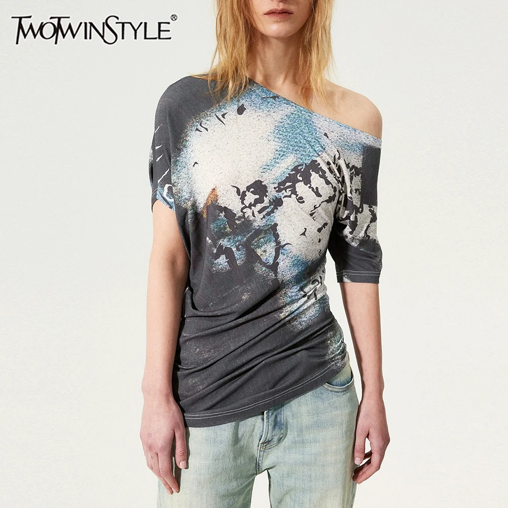 

TWOTWINSTYLE хитовые цветные утягивающие футболки для женщин, туника с косым воротником и короткими рукавами, темпераментные футболки, женская мода