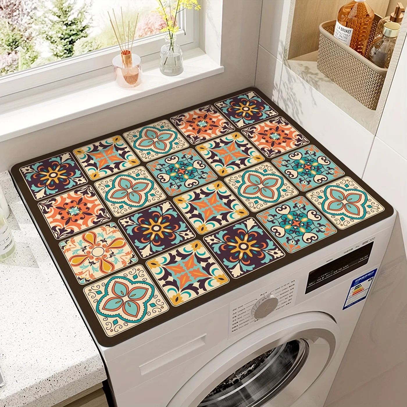 VIKAMA Waschmaschinen-Staubschutzhülle mit buntem Bohemian-Print, schnell trocknende, saugfähige Schutzauflage, Heimdekoration