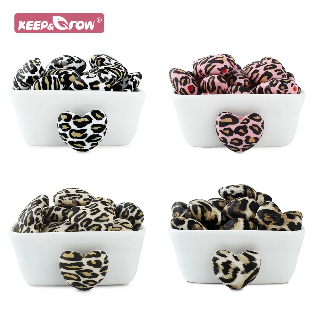 

10pcs Heart Silicone Beads Leopard Print Food Grade Mini Pearl DIY Baby Pacifier Chain Chew Molar Teething Nursing Teether Bead